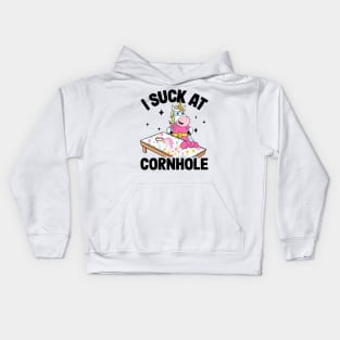 I Suck At Cornhole Loser Funny Sarcastic Joke Pink Unicorn Kids Hoodie